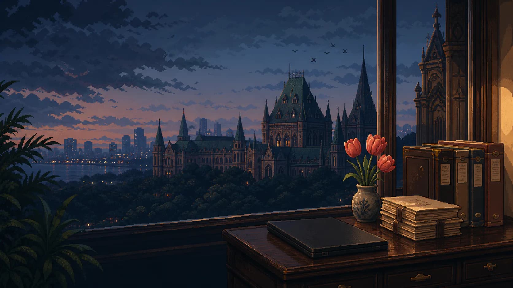 Pixel-art Bombay legal district at dusk, with ordered records and quiet office windows