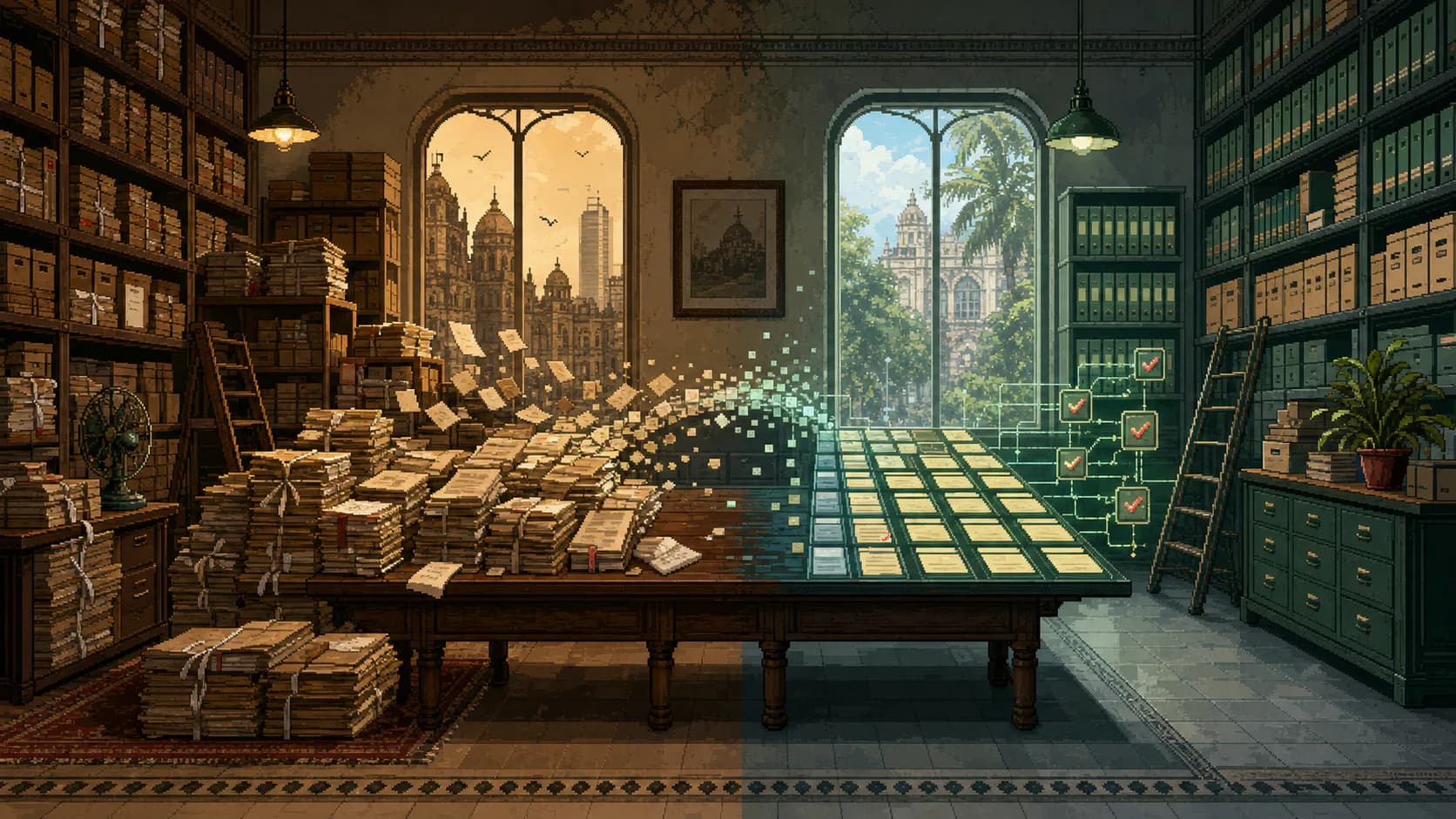 Pixel-art archive of inherited legal records resolving into a structured matter database