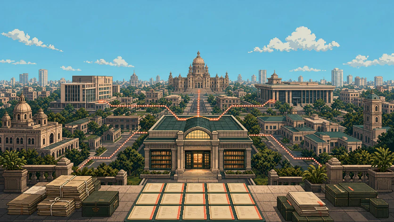Pixel-art panorama of Indian court and tribunal buildings connected to a private firm archive
