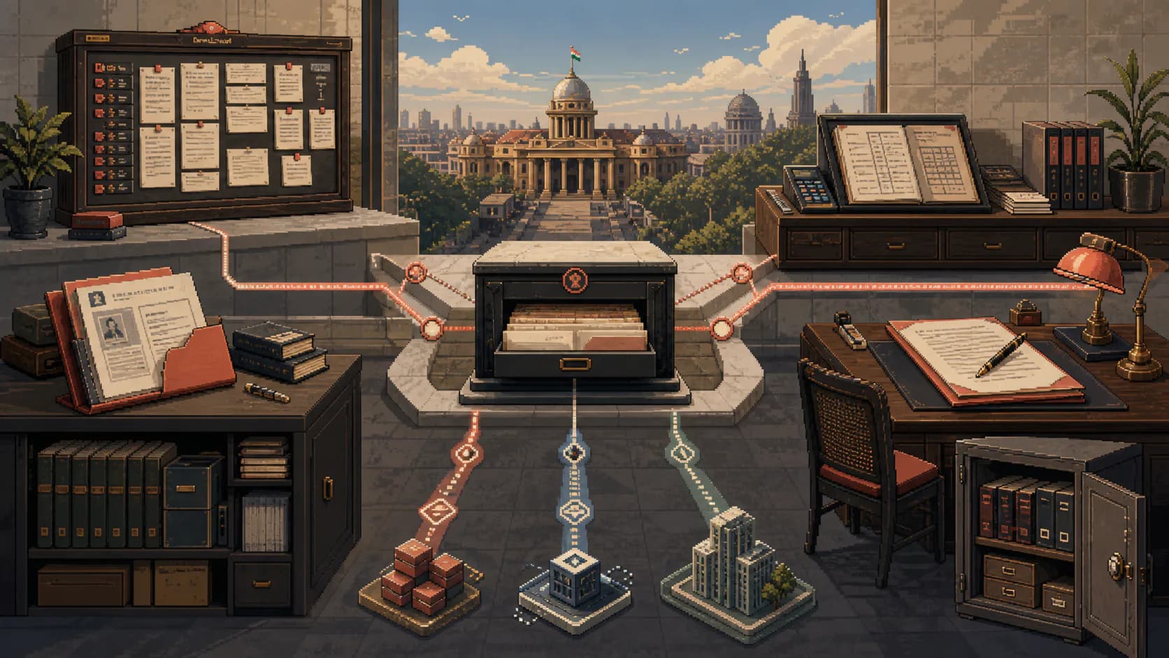 Pixel-art legal workflow landscape connecting causelists, client records, billing, contracts, document signing and intellectual property